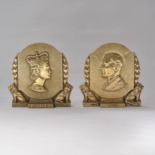 Coronation Queen Elizabeth II & Prince Philip commemorative pair bookends, gilt bronze, 1953 English